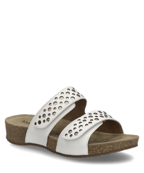 White sandal with golden accents and Velcro closure. Made from smooth material with perforated details on the straps and a brown textured sole.