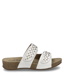 White sandal with golden accents and Velcro closure. Made from smooth material with perforated details on the straps and a brown textured sole.