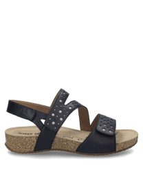 Questa sandalo nera è dotata di una comoda chiusura in velcro e di una suola imbottita in materiale di sughero marrone chiaro. La scarpa ha un design moderno con aperture rotonde e offre sia stile che comfort.