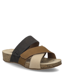 These beige-multi colored sandals feature a practical Velcro closure. They consist of several light and dark straps that provide a comfortable wearing experience.