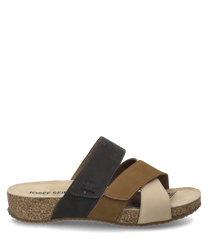 These beige-multi colored sandals feature a practical Velcro closure. They consist of several light and dark straps that provide a comfortable wearing experience.