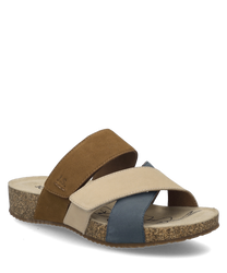 Deze sandaal in Azur-Multi valt op door zijn kleurrijke mix van bruin beige en blauw. Hij heeft een praktische klittenbandsluiting en een comfortabele kurken zool.