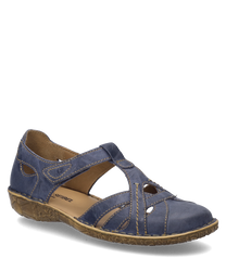 Die dunkelblaue Sandale mit Klettverschluss besteht aus einem weichen lederähnlichen Material. Sie hat eine dekorative Naht entlang der Kanten und eine strukturierte beige Sohle mit floralem Muster.