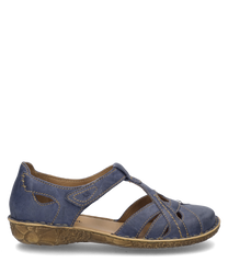 Die dunkelblaue Sandale mit Klettverschluss besteht aus einem weichen lederähnlichen Material. Sie hat eine dekorative Naht entlang der Kanten und eine strukturierte beige Sohle mit floralem Muster.