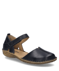 The black sandal is made of smooth leather and features a practical Velcro closure. The sole is textured and provides good grip while the design appears elegant and comfortable.