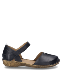 The black sandal is made of smooth leather and features a practical Velcro closure. The sole is textured and provides good grip while the design appears elegant and comfortable.