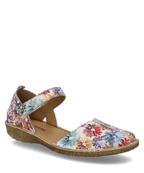 The sandal shown is multicolor with a floral pattern and a comfortable Velcro closure. The light brown textured sole complements the striking design and provides comfort.