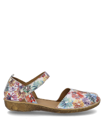 The sandal shown is multicolor with a floral pattern and a comfortable Velcro closure. The light brown textured sole complements the striking design and provides comfort.