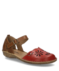 Deze sandaal in de kleurvariant 'rood-bruin' combineert rood en bruin leer met decoratieve uitsparingen aan de voorkant. Het heeft een praktische klittenbandsluiting en een geprofileerde zool.