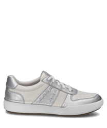 The sneaker in an elegant silver combination features a smooth leather upper complemented by silver applications. The shoe has a classic lace-up design and a sturdy white sole for optimal support.