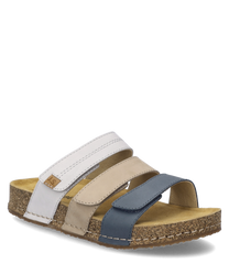Deze sandaal in Azur-Multi heeft een driekleurig ontwerp in wit beige en blauw. Hij heeft een comfortabele klittenbandsluiting en een robuuste kurken zool.