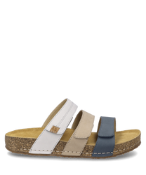 Deze sandaal in Azur-Multi heeft een driekleurig ontwerp in wit beige en blauw. Hij heeft een comfortabele klittenbandsluiting en een robuuste kurken zool.