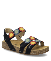This black sandal features a comfortable cork footbed and a Velcro strap for easy on and off. Eye-catching colorful circles adorn the straps giving the shoe a playful look.