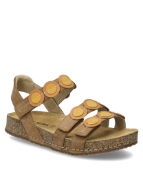 The sandal in the color nut-multi is made of leather and features a Velcro closure. The yellow and orange circles as appliqués on the straps are particularly eye-catching.