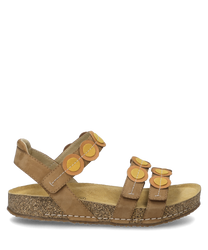 The sandal in the color nut-multi is made of leather and features a Velcro closure. The yellow and orange circles as appliqués on the straps are particularly eye-catching.