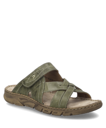 La sandale représentée est de couleur kaki et dispose d'une fermeture velcro pratique. Elle est fabriquée à partir de matériaux robustes qui assurent sa durabilité et possède une semelle confortable pour un confort de port optimal.