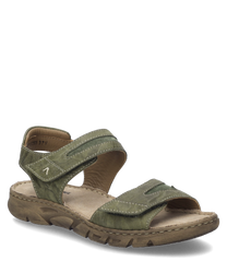 The sandal shown is khaki-colored and features a practical Velcro closure. It is made of a durable material with a comfortable textured sole for optimal wearing comfort.