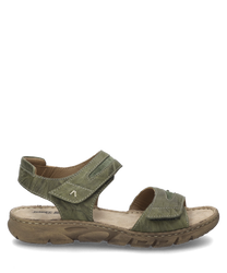 The sandal shown is khaki-colored and features a practical Velcro closure. It is made of a durable material with a comfortable textured sole for optimal wearing comfort.