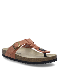 The coral sandal features a buckle closure and an ergonomic footbed. The wide strap and natural cork sole provide comfort and style.