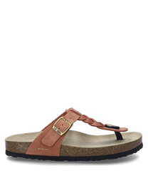 The coral sandal features a buckle closure and an ergonomic footbed. The wide strap and natural cork sole provide comfort and style.
