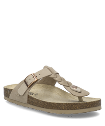 Beige sandal with buckle closure featuring a braided strap design. The sandal has a cork sole and a soft footbed for comfort.