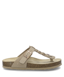 Beige sandal with buckle closure featuring a braided strap design. The sandal has a cork sole and a soft footbed for comfort.