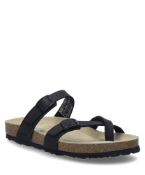 The black sandal features two wide straps with buckle closure and a light cork sole. It is made of high-quality material and offers a modern comfortable look.