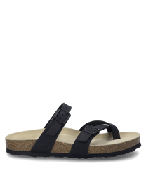 The black sandal features two wide straps with buckle closure and a light cork sole. It is made of high-quality material and offers a modern comfortable look.