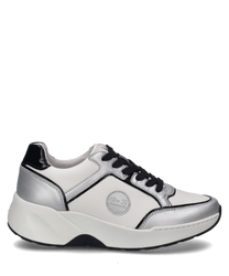 The sneaker in silver-multi features an elegant design with silver and black accents. It is made of smooth material and has lacing as a closure.
