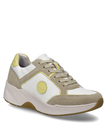 The beige-multi sneaker features a combination of smooth white and light brown suede accented with yellow details. Equipped with lacing and a sturdy white sole it offers both style and comfort.