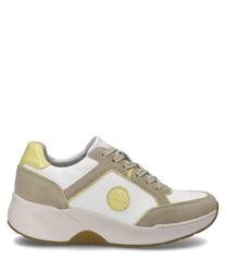 The beige-multi sneaker features a combination of smooth white and light brown suede accented with yellow details. Equipped with lacing and a sturdy white sole it offers both style and comfort.