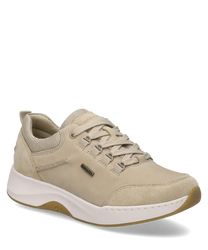 Beige sneaker with lacing made from high-quality material. The shoe features a minimalist design and a comfortable fit.