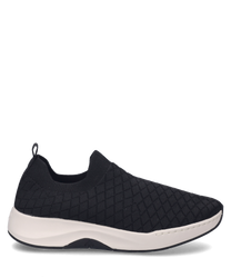 Una sneaker nera con elastico realizzata in un materiale testurizzato e traspirante. La scarpa ha una suola bianca che conferisce un aspetto moderno.