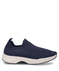 Una zapatilla de deporte azul océano con un cierre de goma que permite ponerla y quitarla fácilmente. La parte superior está hecha de un tejido transpirable con un diseño que se asienta sobre una suela blanca.