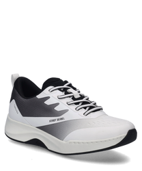 Deze sneaker in zwart-combinatie heeft een vetersluiting en is gemaakt van hoogwaardig ademend materiaal. Opvallend is het contrasterende ontwerp met een combinatie van zwarte en witte elementen.