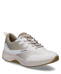 Beige sneaker with lacing made from a mix of materials in beige and white. The shoe features a distinctive white sole and subtle brand accents on the sides.