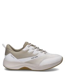 Beige sneaker with lacing made from a mix of materials in beige and white. The shoe features a distinctive white sole and subtle brand accents on the sides.