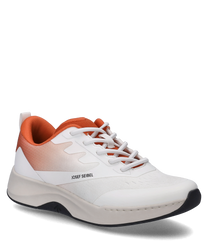 The red combination sneaker features a modern design with a smooth white surface and a color-gradient transition to orange in the heel area. It has lacing and a comfortable cushioned sole for optimal wearing comfort.