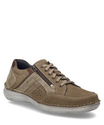 The half shoe in sand-combination color features a soft suede upper with lacing and a side zipper. Special features include perforated details on the side and a contrasting light sole.