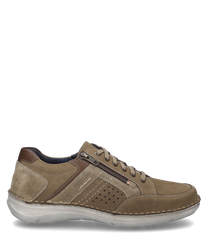 The half shoe in sand-combination color features a soft suede upper with lacing and a side zipper. Special features include perforated details on the side and a contrasting light sole.