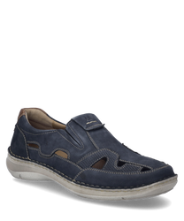 The indigo-colored slipper is made of soft material with elastic for easy wear. Special features include decorative stitching and open sides for better ventilation.