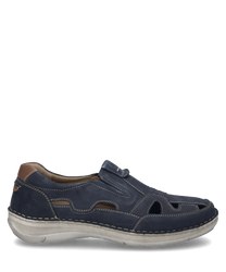 The indigo-colored slipper is made of soft material with elastic for easy wear. Special features include decorative stitching and open sides for better ventilation.