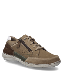 La chaussure basse en couleur sable-multi est composée d'un matériau supérieur perforé de couleur brun clair avec des accents brun foncé et verts. Elle dispose d'un laçage et d'une bande de fermeture éclair décorative qui donne à la chaussure un look sport