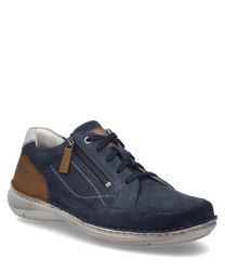 La scarpa in tonalità indigo-multicolore è realizzata in pelle di alta qualità e presenta un caratteristico sistema di allacciatura. Caratteristiche speciali sono la chiusura lampo laterale e i contrasti di colore marrone.