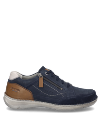 La scarpa in tonalità indigo-multicolore è realizzata in pelle di alta qualità e presenta un caratteristico sistema di allacciatura. Caratteristiche speciali sono la chiusura lampo laterale e i contrasti di colore marrone.