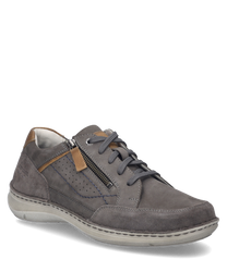 El zapato semi-abierto en la combinación de colores asfalto combina cuero gris con acentos marrones. Cuenta con un sistema de cordones y una cremallera lateral como características especiales.