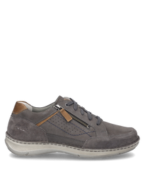 El zapato semi-abierto en la combinación de colores asfalto combina cuero gris con acentos marrones. Cuenta con un sistema de cordones y una cremallera lateral como características especiales.