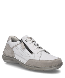 El zapato semi-abierto en combinación de blanco cuenta con un sistema de cordones y está hecho de cuero de alta calidad. Las características especiales son los insertos de ante gris y la cremallera lateral para mayor comodidad.