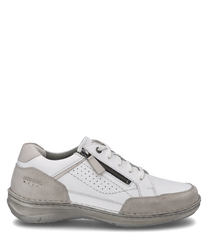 El zapato semi-abierto en combinación de blanco cuenta con un sistema de cordones y está hecho de cuero de alta calidad. Las características especiales son los insertos de ante gris y la cremallera lateral para mayor comodidad.