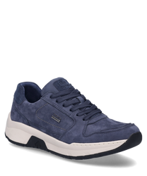 Dark blue sneaker with lacing and white sole. The shoe is made of a soft material and features subtle decorative stitching.